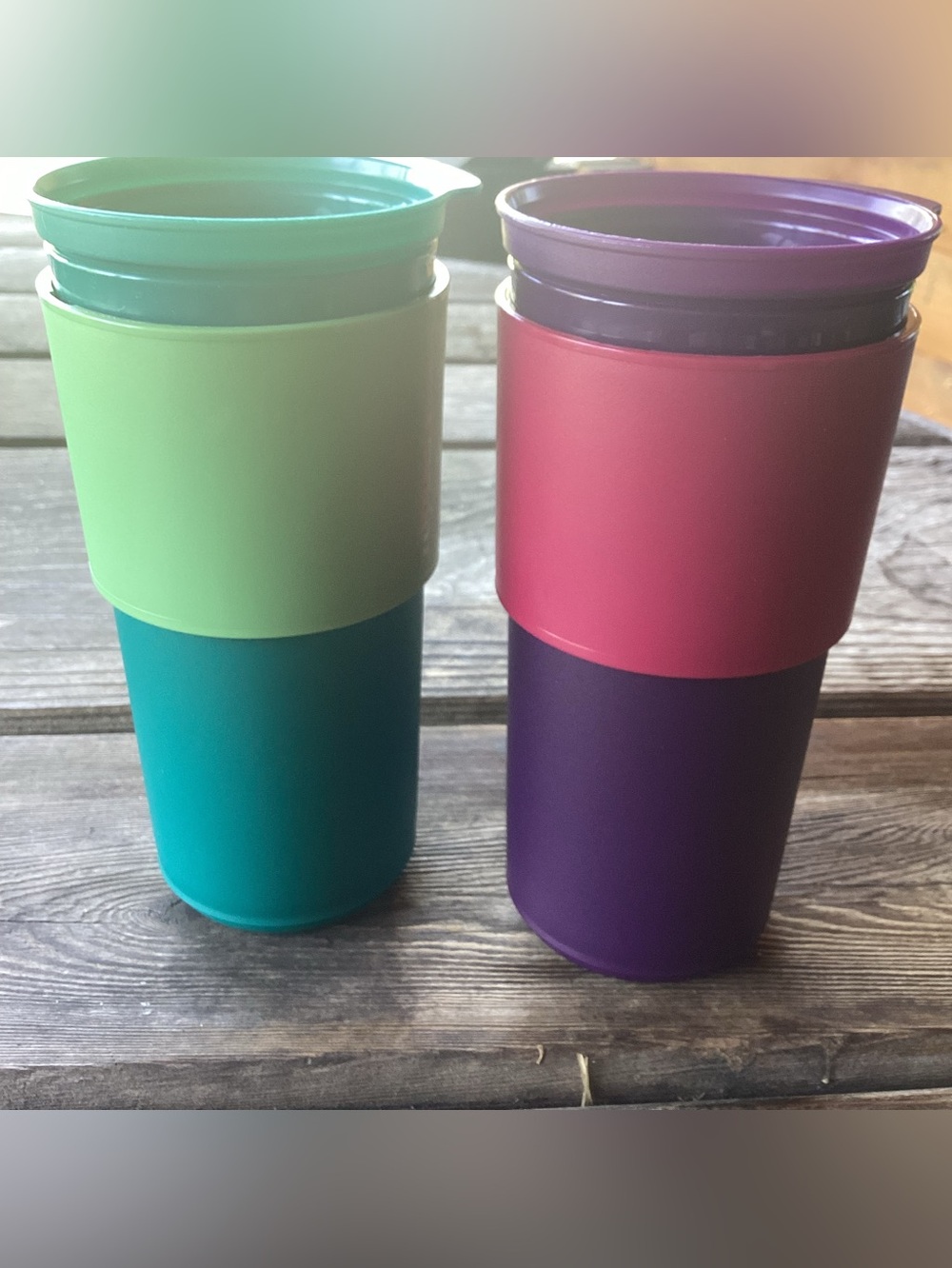 Tupperware Eco To-Go Cups - set of 2 - 16 ounces each - purple and green
